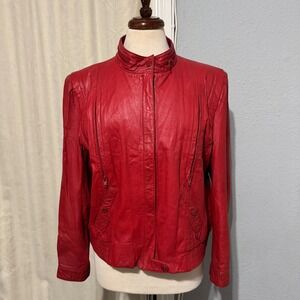 Vintage Women Genuine Red Leather Bomber‎ Zip Front Jacket Made in Korea Sz M